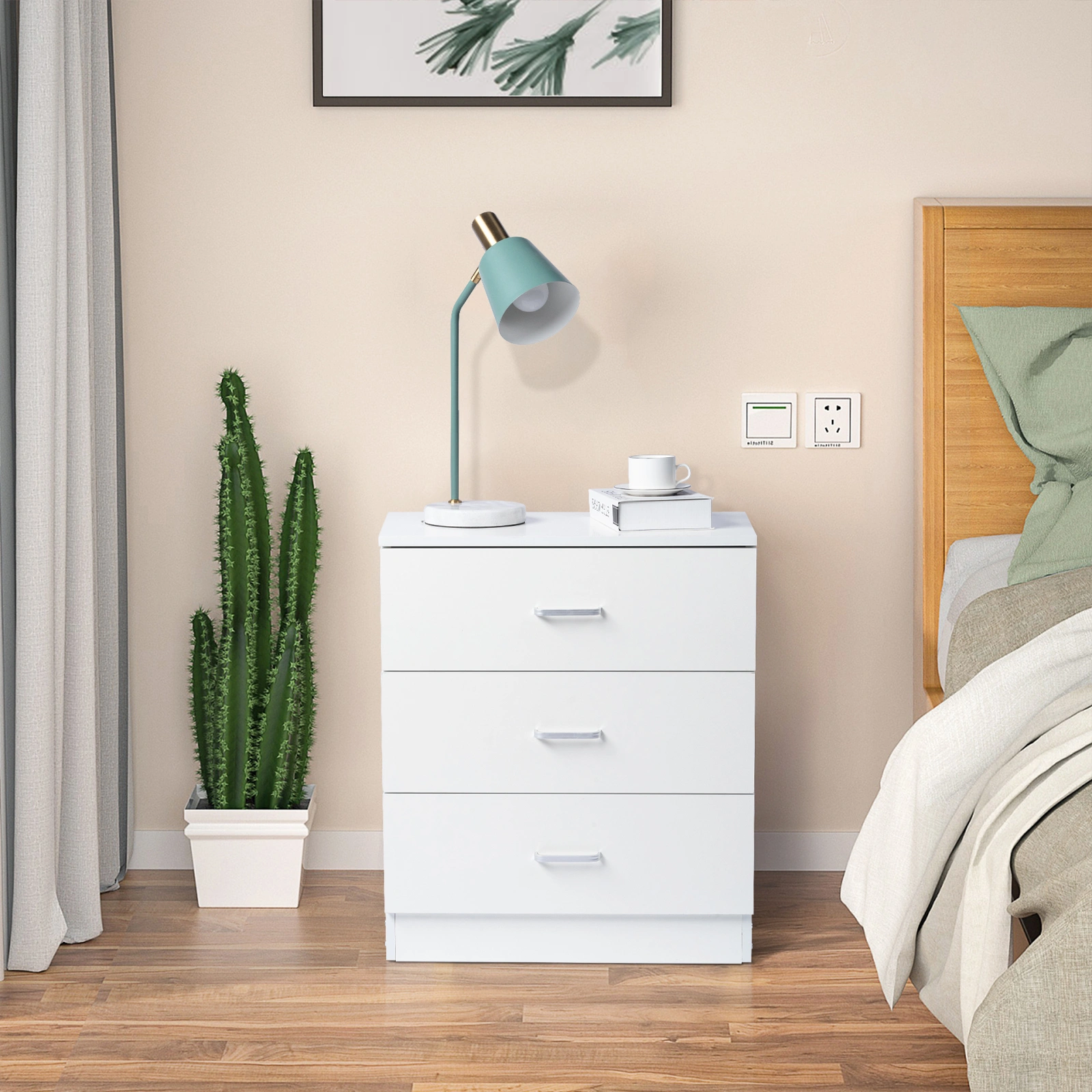 3-Drawer Tall Nightstand, White Bedside Table, Textured Melamine Finish, Particleboard Storage Cabinet