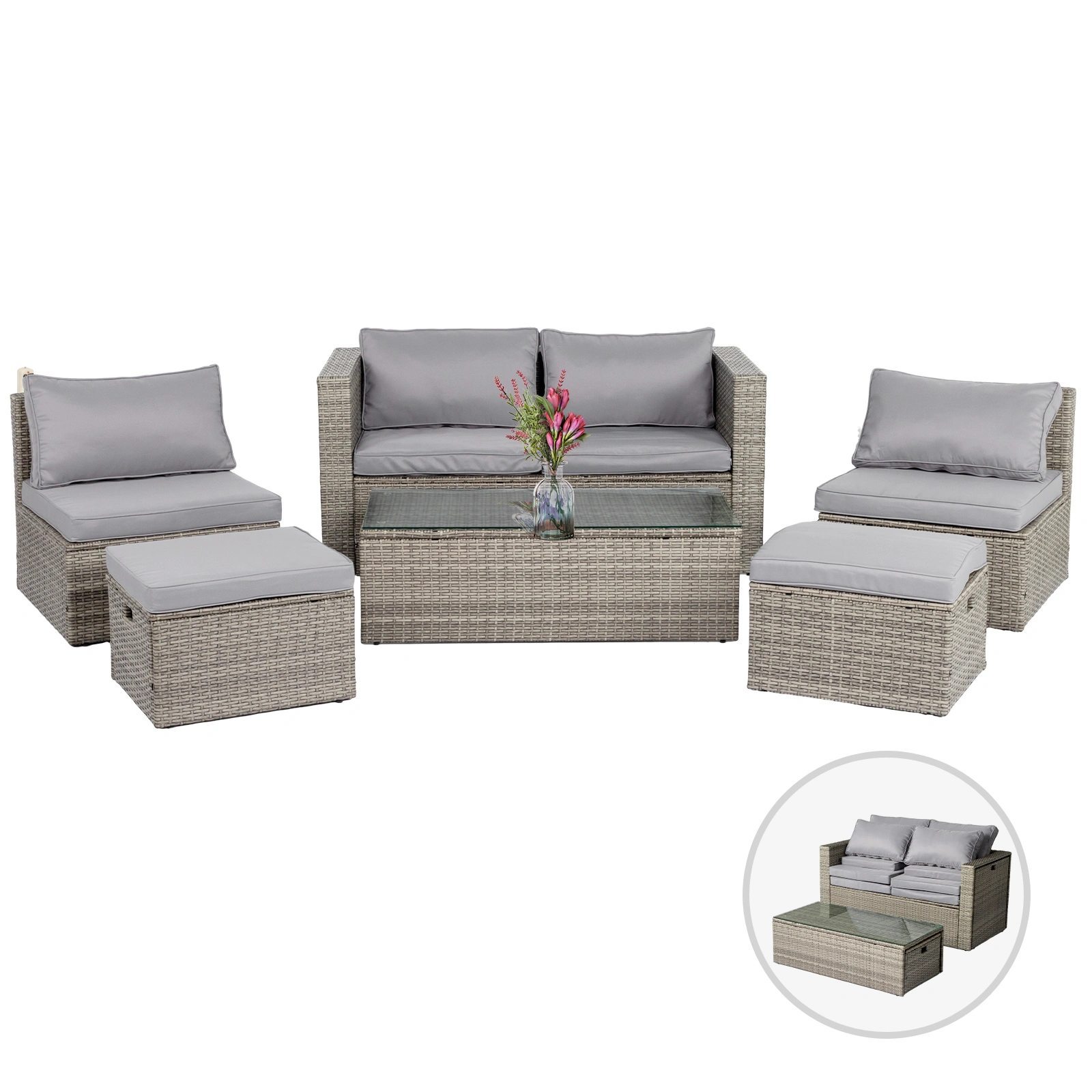 5pcs Gray Rattan Sofa Set - 2 Armless Chairs, 2 Ottoman Footstools, 1 Loveseat & 1 Storage Coffee Table
