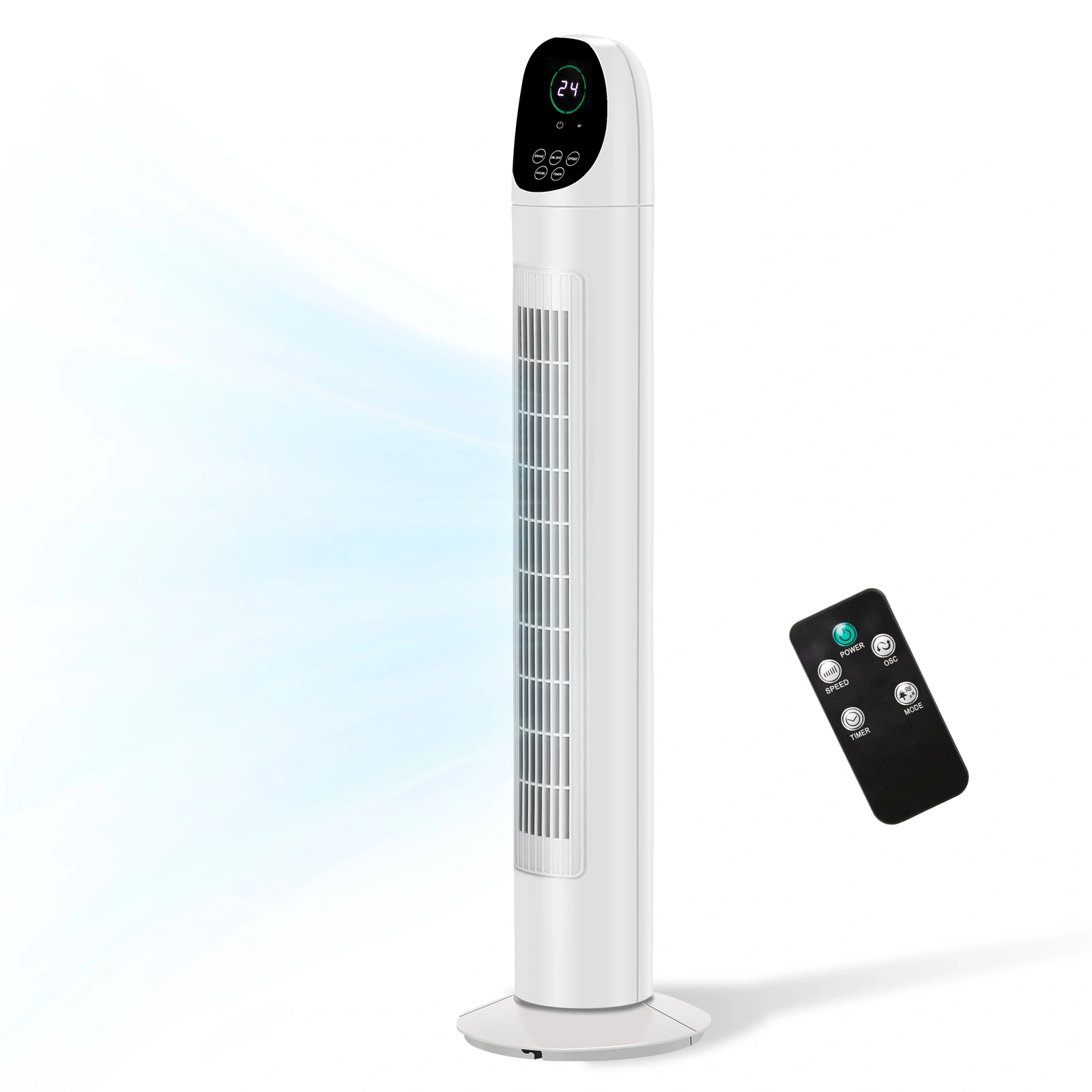 US Standard TF-36BR Tower Fan, 110V 50W, 34 Inch, No Water Tank, Remote Control & Digital Display, Plastic, Black & White, Concave Arc Head, 9-Hour Timer, Indoor Use Oscillating Fan