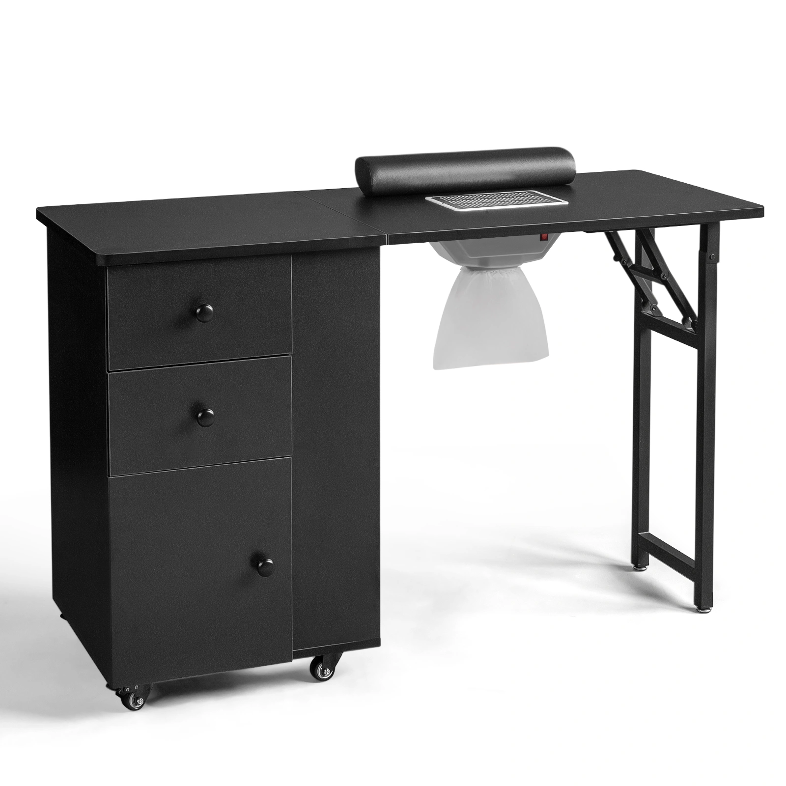 Black MDF Nail Desk Folding Table - Manicure Station w/ 2 Drawers & Cabinet for Salon/Home