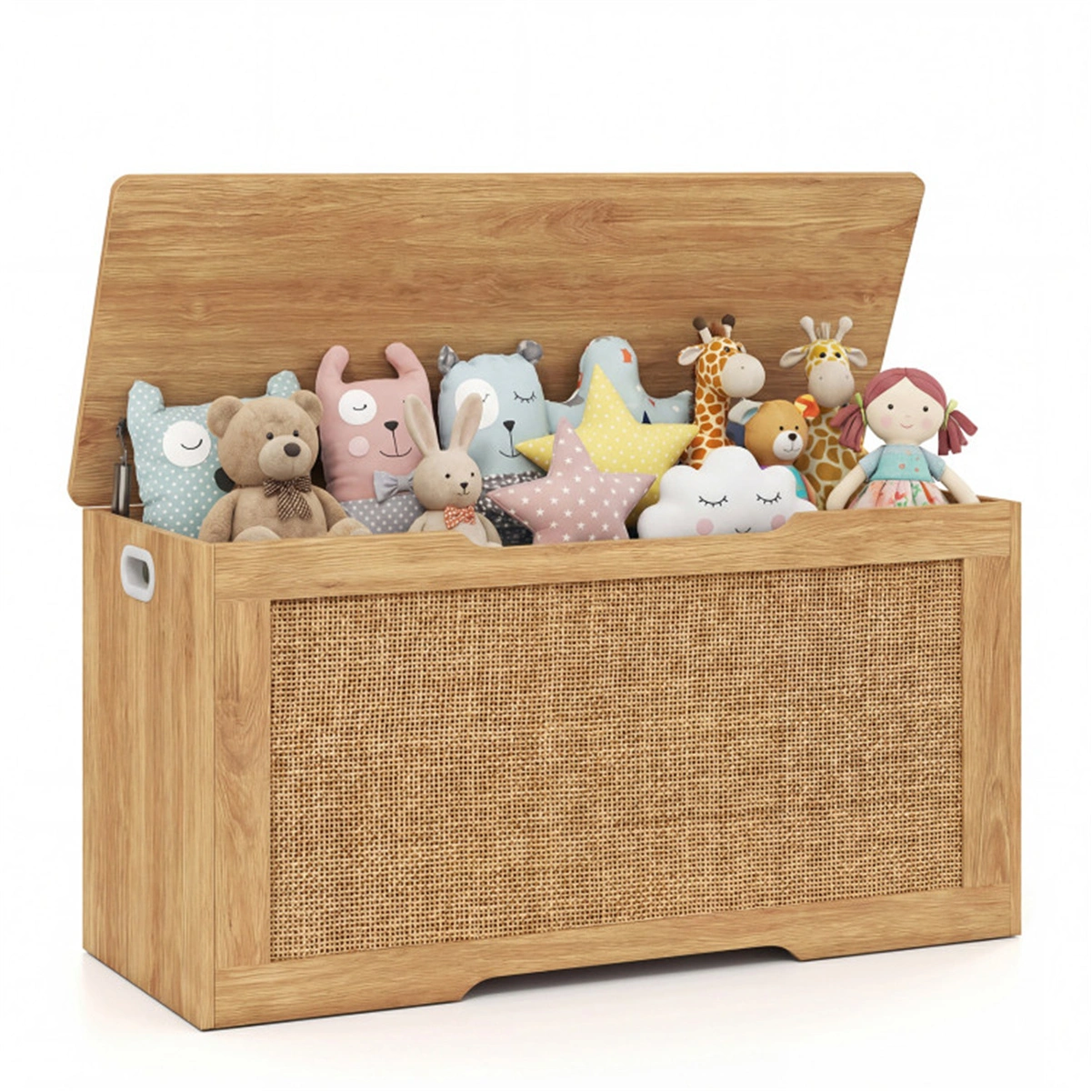 39 Gallon Wooden Toy Box Storage Chest Soft Close Lid Rattan Look Kids Storage Bench