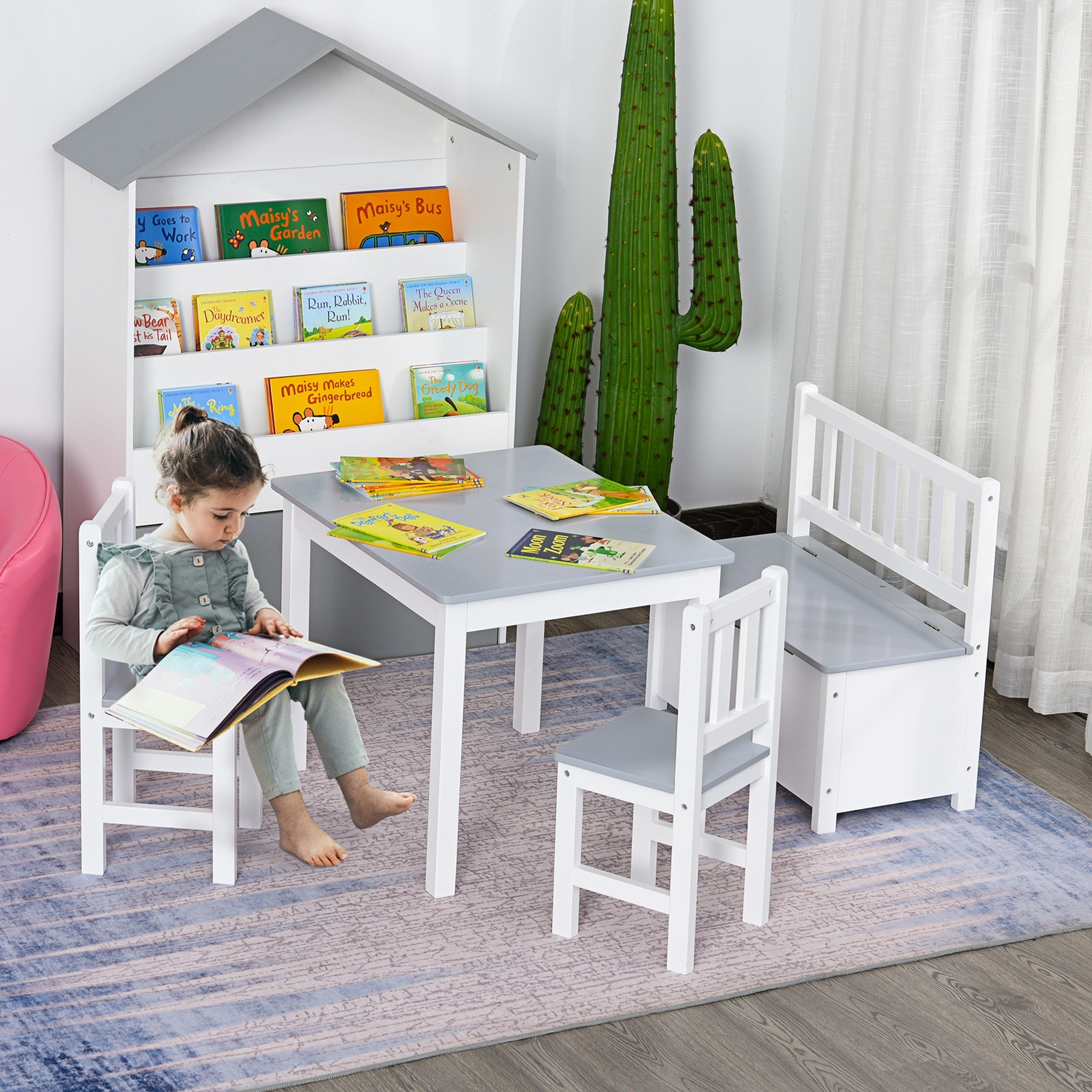Kids Desk and Chair Set, Wooden Kids Study Table with Storage Shelf and Matching Chair, Activity Center for Toddlers Ages 3-6, Brown