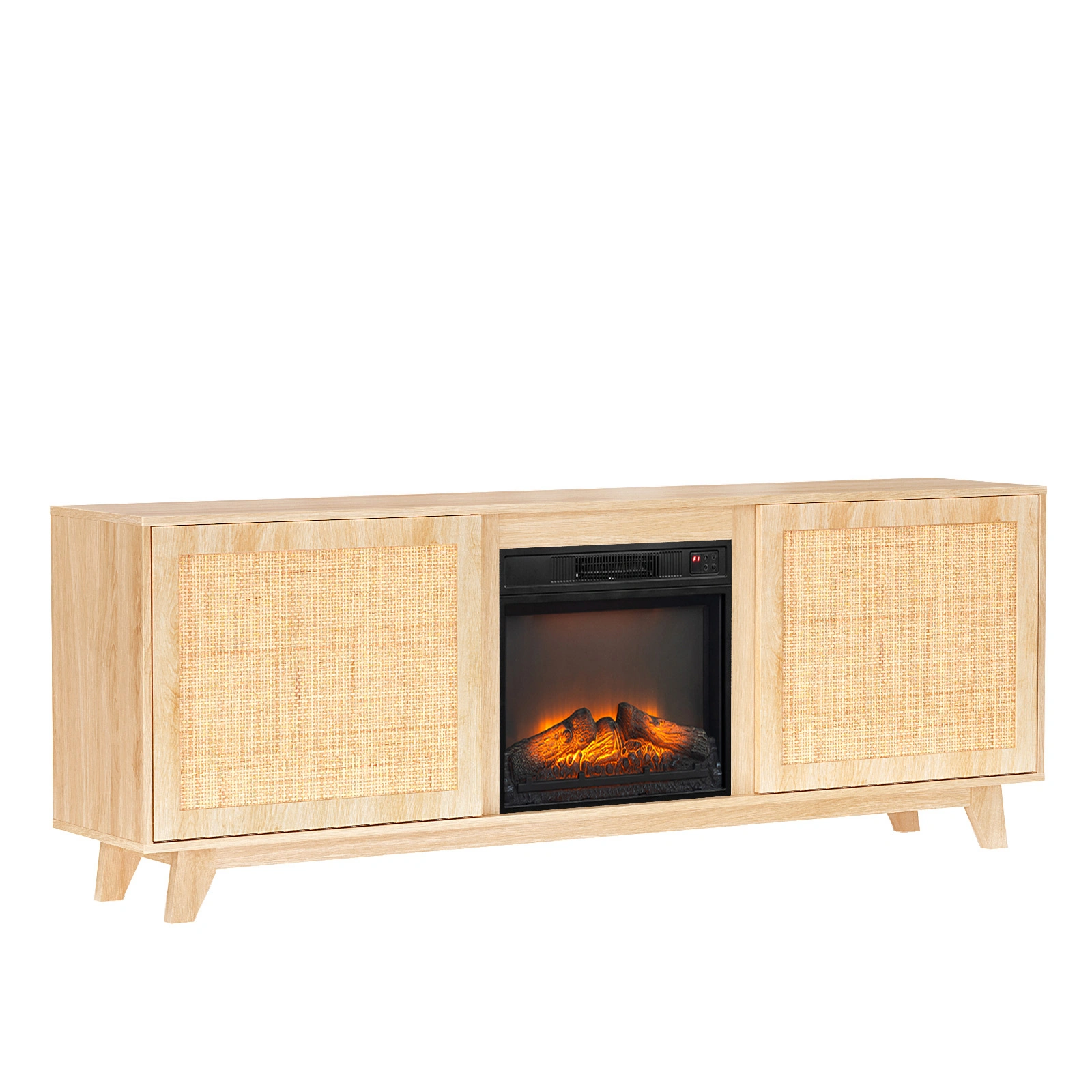 70" Oak Finish Fireplace TV Stand, Low Profile Media Console with Rattan Doors for 18" Electric Fireplace Insert