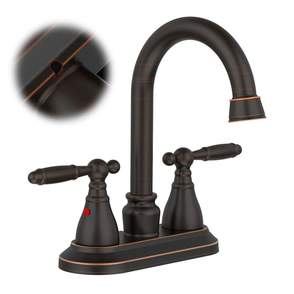 Bathroom Faucet Oil Rubbed Bronze 360° Swivel High Arc Spout 4in Centerset 3-Hole Vanity Lavatory Modern Style Drain Not Included
