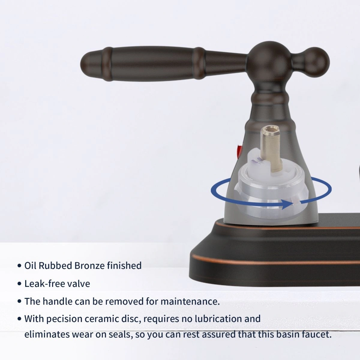 Bathroom Faucet Oil Rubbed Bronze 360° Swivel High Arc Spout 4in Centerset 3-Hole Vanity Lavatory Modern Style Drain Not Included view 3