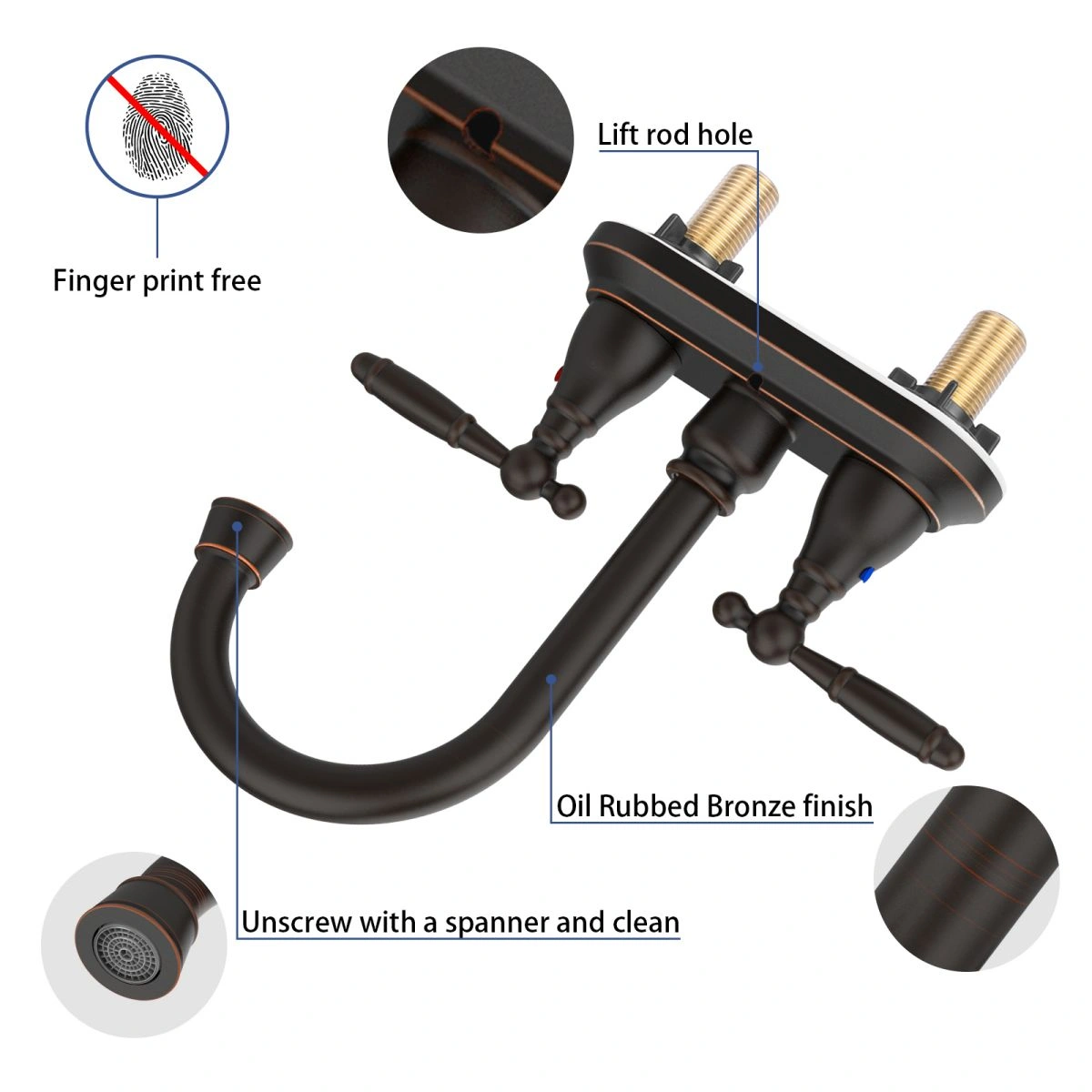 Bathroom Faucet Oil Rubbed Bronze 360° Swivel High Arc Spout 4in Centerset 3-Hole Vanity Lavatory Modern Style Drain Not Included view 4