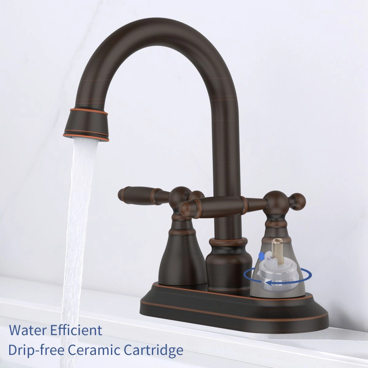 Bathroom Faucet Oil Rubbed Bronze 360° Swivel High Arc Spout 4in Centerset 3-Hole Vanity Lavatory Modern Style Drain Not Included view 5