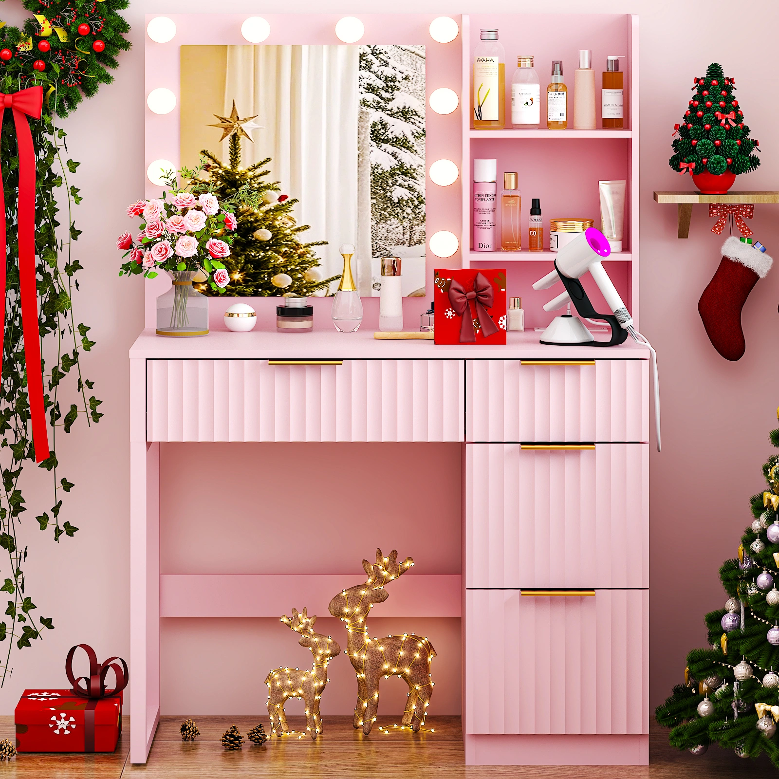 4-Drawer 2-Shelf Dressing Table 33.46x15.75x29.53in Pink Particleboard LED Light Power Strip