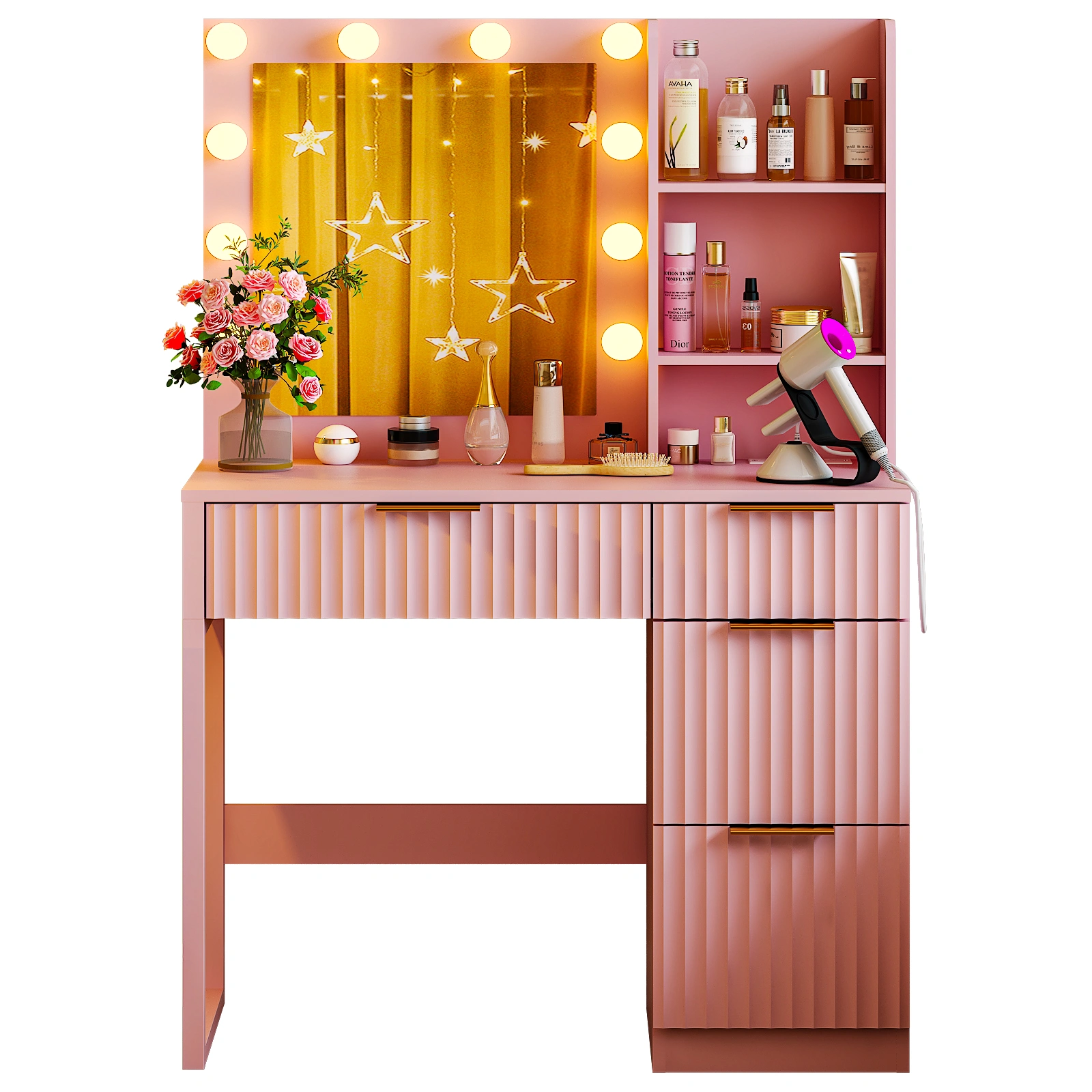 4-Drawer 2-Shelf Dressing Table 33.46x15.75x29.53in Pink Particleboard LED Light Power Strip view 2