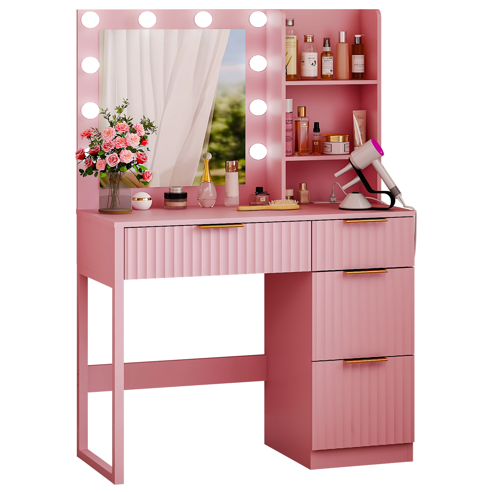 4-Drawer 2-Shelf Dressing Table 33.46x15.75x29.53in Pink Particleboard LED Light Power Strip view 3
