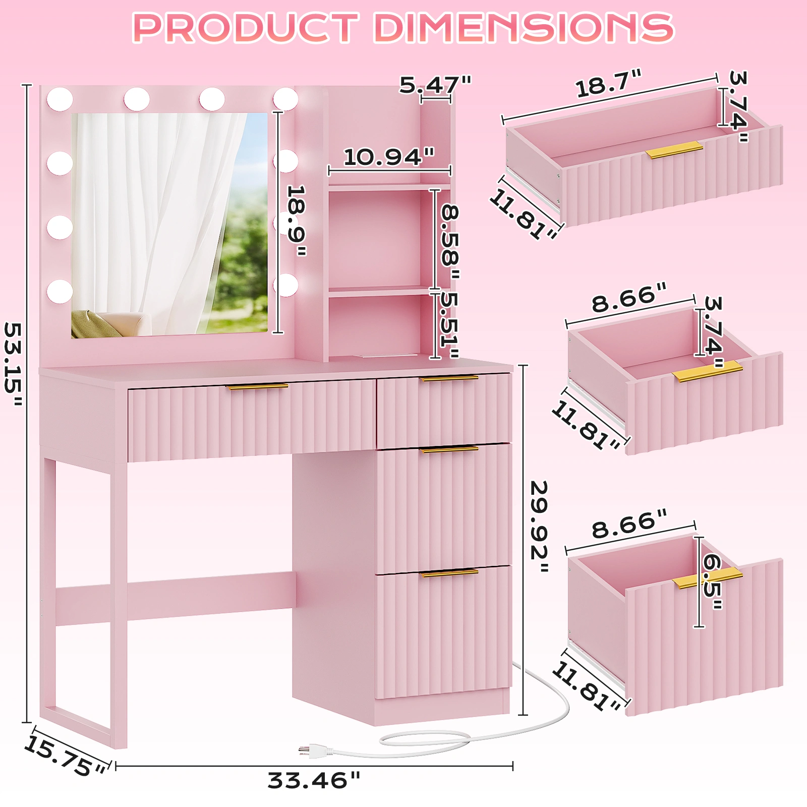 4-Drawer 2-Shelf Dressing Table 33.46x15.75x29.53in Pink Particleboard LED Light Power Strip view 4