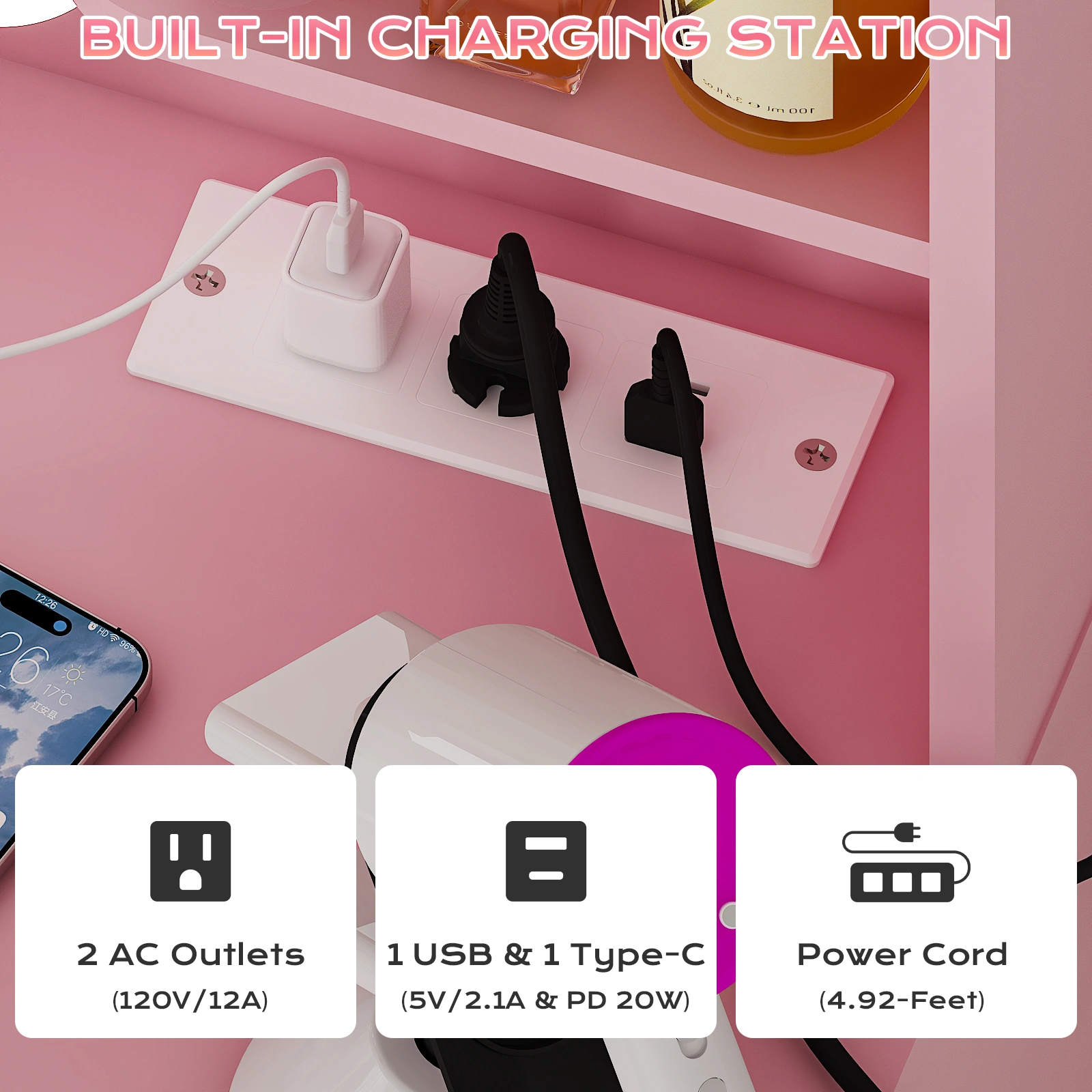 4-Drawer 2-Shelf Dressing Table 33.46x15.75x29.53in Pink Particleboard LED Light Power Strip view 5
