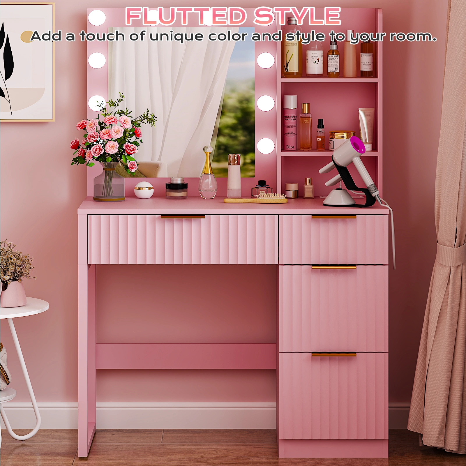 4-Drawer 2-Shelf Dressing Table 33.46x15.75x29.53in Pink Particleboard LED Light Power Strip view 6