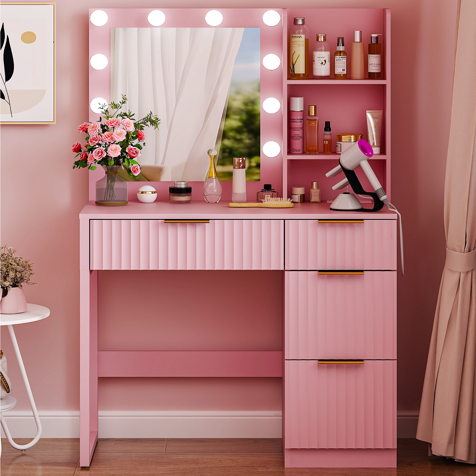 4-Drawer 2-Shelf Dressing Table 33.46x15.75x29.53in Pink Particleboard LED Light Power Strip view 7